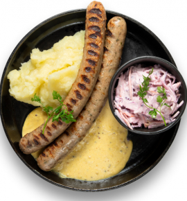Grilled pork sausages with creamy mustard sauce
